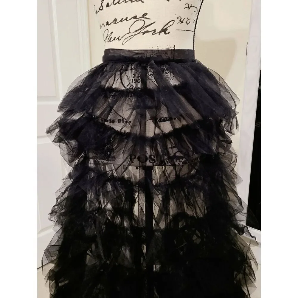 🖤 NEW Goth Tier Layered Tulle Mesh Petticoat Train Wrap Hi-Lo Black Open Skirt
